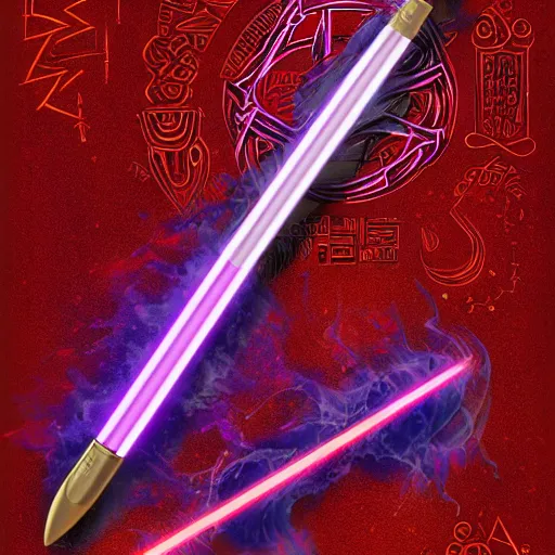 Image similar to a magic wand glowing red and purple energy, engraved with runes, in the style of artgerm.