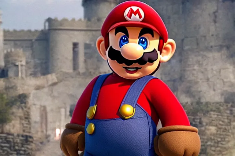 Image similar to promotional image of Super Mario in Game of Thrones, realistic, detailed face, movie still frame, promotional image, imax 70 mm footage