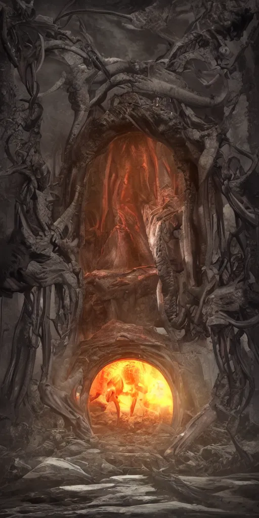 Image similar to round portal to another world containing the mummified demon lord, dark, gritty, damaged, hellfire, hostile, demonic, diabolic, cinematic light, 3 d cg, cel shading