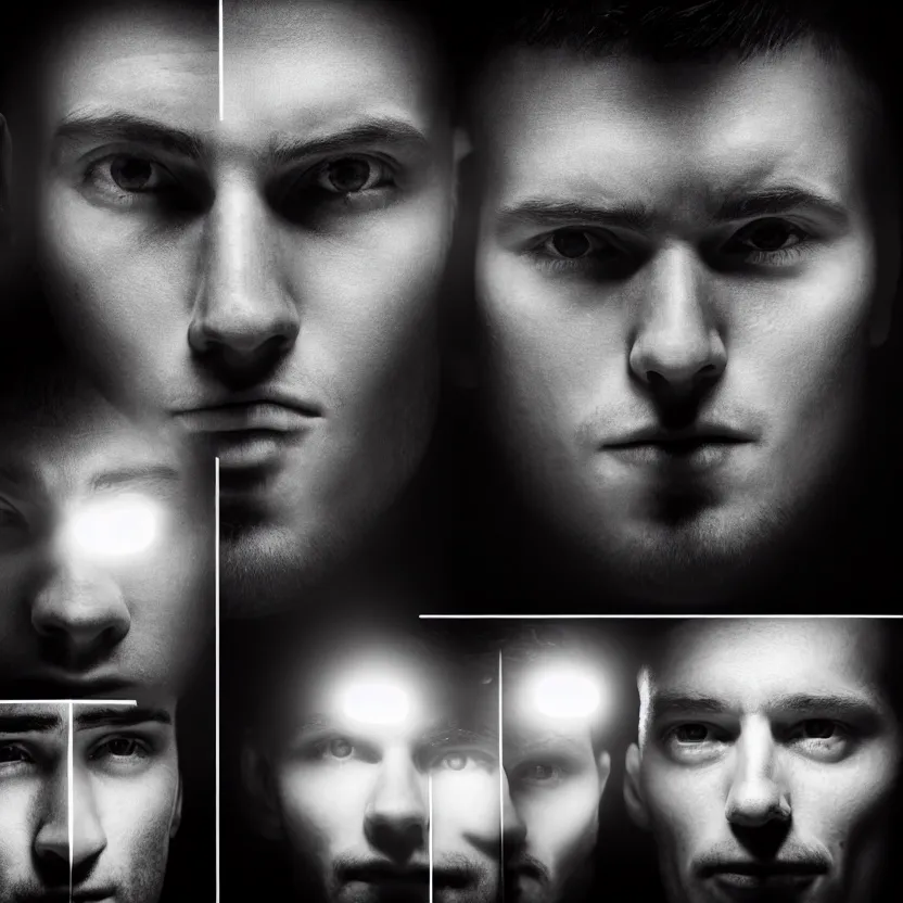 Prompt: 4 men's faces being illuminated inside a dark room, cross composition, realistic 4k