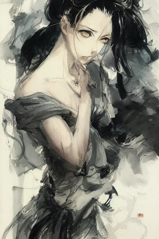 Prompt: Portrait of anime woman by Amano Yoshitaka, Kentaro Miura, Claire Wendling ,Krenz Cushart