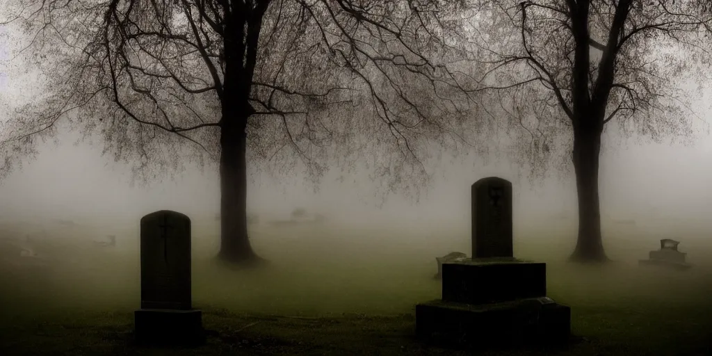 Image similar to creepy weeping transparent female ghostly apparition at a gravestone, horror, Highgate cemetery, tombs, , blanket of fog, rain, volumetric lighting, beautiful, golden hour, sharp focus, ultra detailed, cgsociety