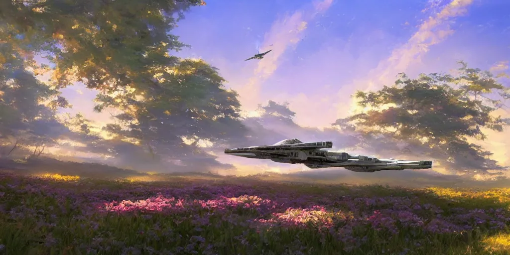 Prompt: an extraordinarily beautiful oil painting of an x - wing fighter in a landscape in spring during sunrise ; lush vegetation ; the most beautiful painting in the world ; by makoto shinkai and craig mullins