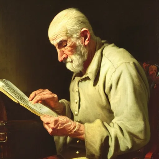 Image similar to a matte oil painting, baroque, wistful old man stares at an empty page, longing desparate expression,