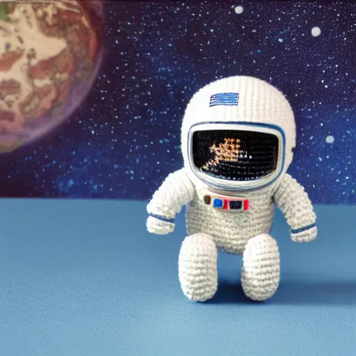 Image similar to a miniature amigurumi astronaut. Diorama. very Full Detailed. 4k. Macro 200 mm