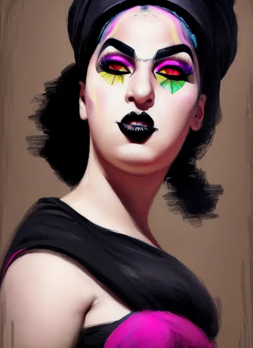 Prompt: portrait of a plump egyptian woman with a crooked nose and a confident expression, 1 9 6 0 s, black clothes, goth, punk, brightly coloured hair, funk, intricate, elegant, highly detailed, digital painting, artstation, concept art, smooth, sharp focus, illustration, art by wlop, mars ravelo and greg rutkowski