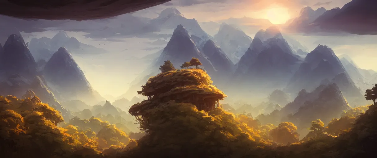 Image similar to floating islands over forest, mountains in background, concept art, low angle, cinematic, style of jordan grimmer