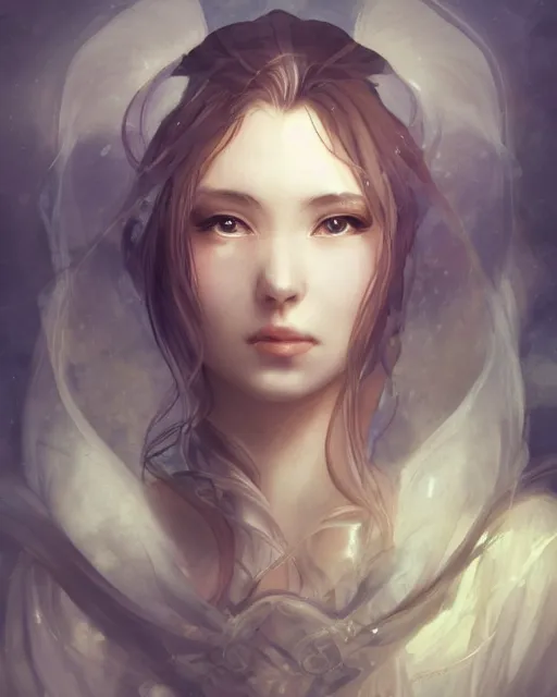 Image similar to a beautiful female cleric, ethereal, dreamy, backlit, highly detailed, sad expression, looking away, mouth half open, realistic lighting, sharp focus, windswept, rule of thirds, symmetrical facial features, by artgerm, wlop, rossdraws, frank frazetta, andrei riabovitchev, trending on artstation, hd, 4 k, fantasy