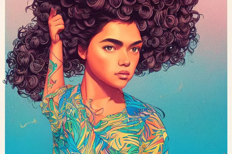 Image similar to hispanic girl medium length curly hair, and a bearded mixed race man, tristan eaton, victo ngai, artgerm, rhads, ross draws