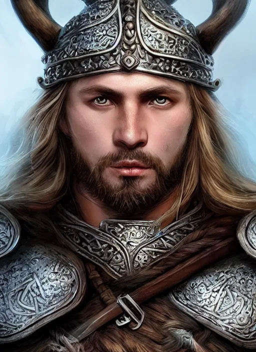 Prompt: up close portrait of a beautiful viking warrior, d & d, face, fantasy, intricate, elegant, highly detailed, digital painting, artstation hq, concept art, smooth, sharp focus, 4 k uhd, illustration, art by artgerm and jeehyung lee, dao trong le, trending on artstation, unreal engine 5 highly rendered