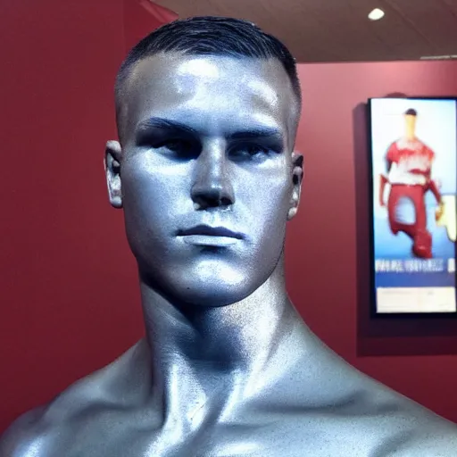 Image similar to “a realistic detailed photo of a guy who is an attractive humanoid who is half robot and half humanoid, who is a male android, baseball player Mike Trout, shiny skin, posing like a statue, blank stare, on the baseball field, on display”