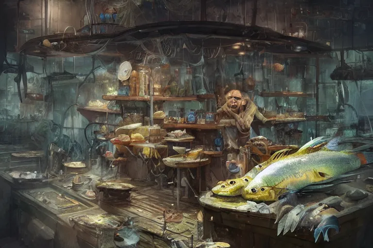 Image similar to fish store. a human shopkeeper. alien fishes. by jean - baptiste monge, high quality, high resolution, 4 k, painted by cgsociety, rutkowski, gurney with ambient lighting, concept art, detailed, smooth, dynamic volumetric cinematic lighting, octane, raytrace