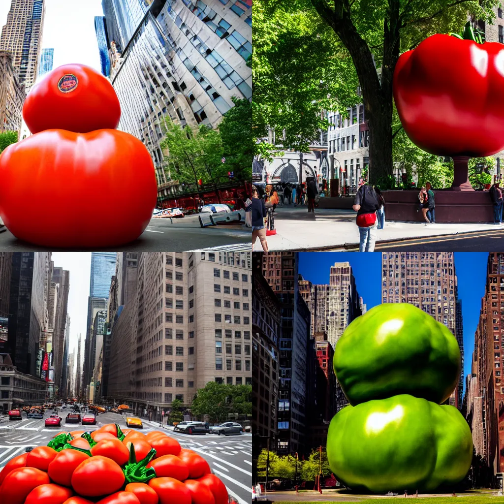Image similar to a photograph of a gigantic extremely big tomato statue, in the middle of new york, shot with premium dslr camera