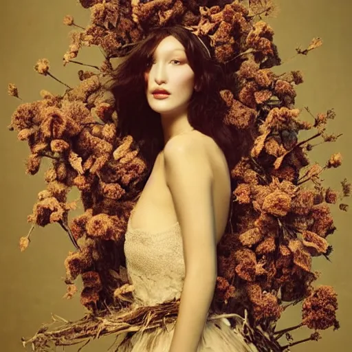 Image similar to fine art photo of bella hadid, she has a crown of dried flowers, by oleg oprisco