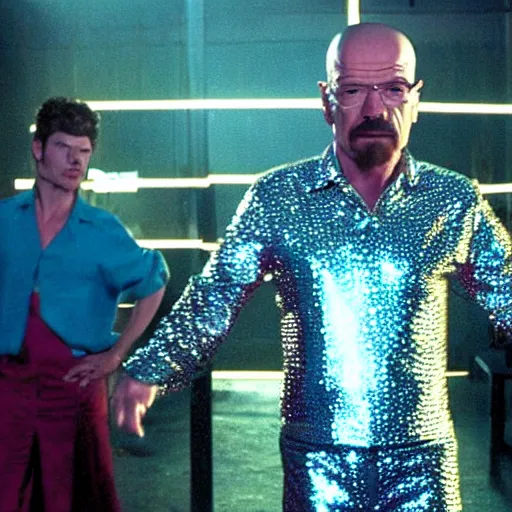 Prompt: A still of Walter White wearing a disco suit in Saturday Night Fever