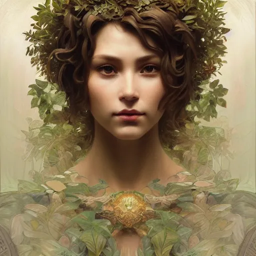 Image similar to portrait of forest god, intricate, elegant, highly detailed, digital painting, artstation, concept art, smooth, sharp focus, illustration, art by artgerm and greg rutkowski and alphonse mucha and william - adolphe bouguereau