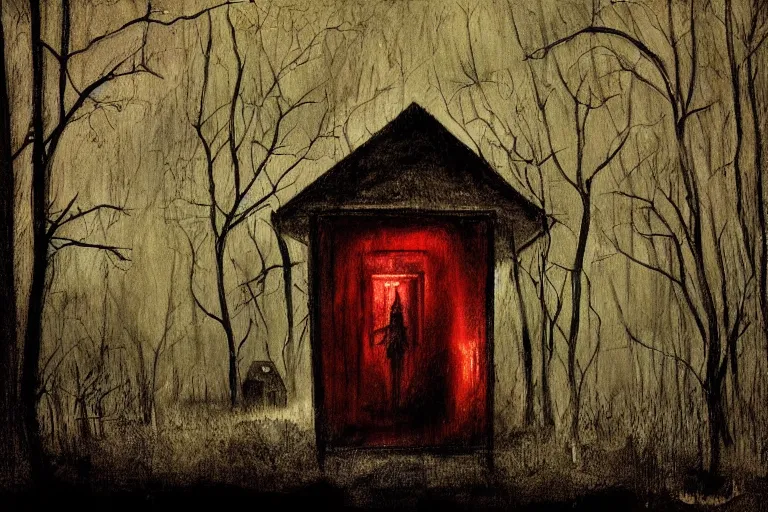 Image similar to mad horror painting of a cabine in the woods by ben templesmith