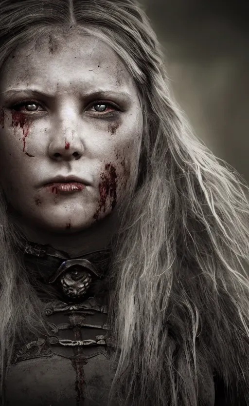 Image similar to photorealistic 3/4 photograph of beautiful female viking warrior with large sad gray eyes, bloody, cinematic, 28mm