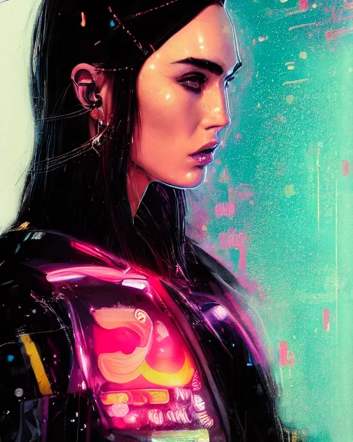 Image similar to detailed side profile portrait Neon Megan Fox, cyberpunk futuristic neon, reflective puffy coat, decorated with traditional Japanese ornaments by Ismail inceoglu dragan bibin hans thoma greg rutkowski Alexandros Pyromallis Nekro Rene Maritte Illustrated, Perfect face, fine details, realistic shaded, fine-face, pretty face