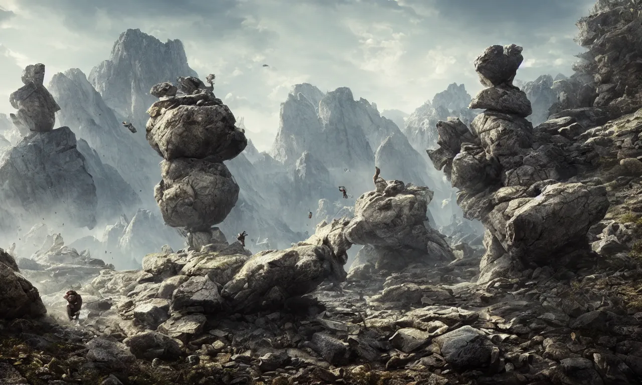 Prompt: creature made of rocks throwing rocks alpine valley. greg rutkowski, andreas achenbach, artgerm, mikko lagerstedt, zack snyder, tokujin yoshioka