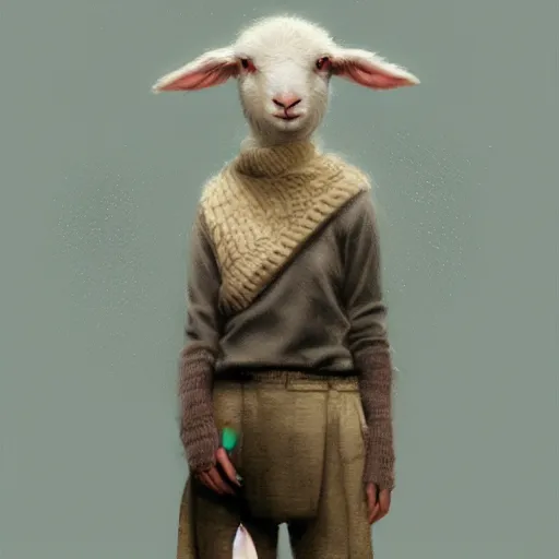 Image similar to lamb wearing a sweater, upper body shot, hyper detailed, digital art, artstation, cinematic lighting, studio quality, smooth render, by caravaggio, artgerm, greg rutkowski, craig mullins