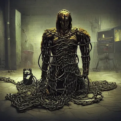 Prompt: “a photo of a kneeling evil disgusting mummy knight mutant in full armor wrapped in cables and chains in front of a laptop computer. The knight is in the center of a dark filthy dirty room filled with server racks and server cables hanging everywhere. The ground of the room is littered and covered with garbage and trash everywhere. It is dark and there are no lights. Cursed image. David Cronenberg style. David lunch style. Troma style. 35mm film.”