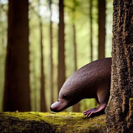 Image similar to detailed photograph of a platypus wearing a fedora in a forest, national geographic, realistic, cinematic lighting, 8 k, cute, adorable, fedora, wearing a hat, wearing a fedora, realistic