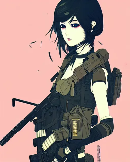 Image similar to girl with tactical gear, very anime!!! anime!! intricate details, aesthetically pleasing pastel colors, poster background, aesthetic details, art by conrad roset and ilya kuvshinov