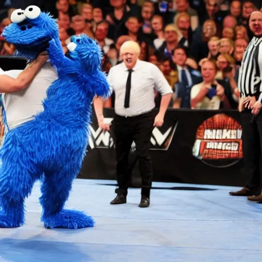 Image similar to Boris Johnson wrestling cookie monster in a wwe match