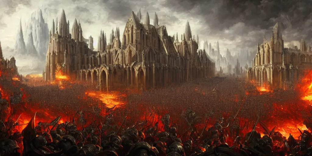 Image similar to highly detailed portrait painting of an ancient gods on hell horses war battle, abbey warhammer battle, old abbey in the background, cathedrals, giant columns, magic blasts by liang xing, 8 k resolution