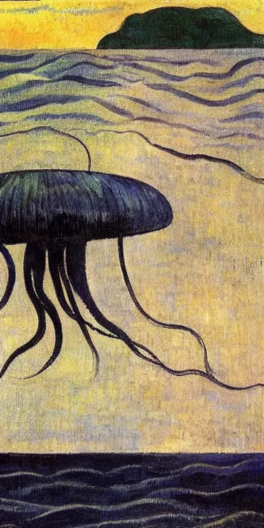 Image similar to black!! jellyfish in a vast ocean by paul gauguin, serene, calm, minimalist!!!