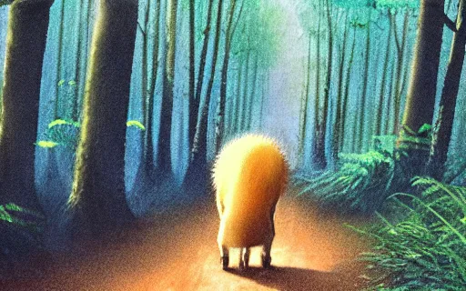 Prompt: a young girl with her large pet capybara walking through the forest, raining, holding umbrella, art by hayao miyazaki, studio ghibli film, 4k, hi res, high detail