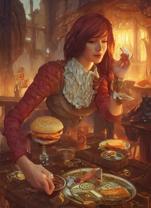 Image similar to sandwich, hamburger, steak, drinks, d & d, fantasy, intricate, elegant, highly detailed, digital painting, artstation, concept art, matte, sharp focus, illustration, hearthstone, art by artgerm, art by greg rutkowski, art by alphonse mucha