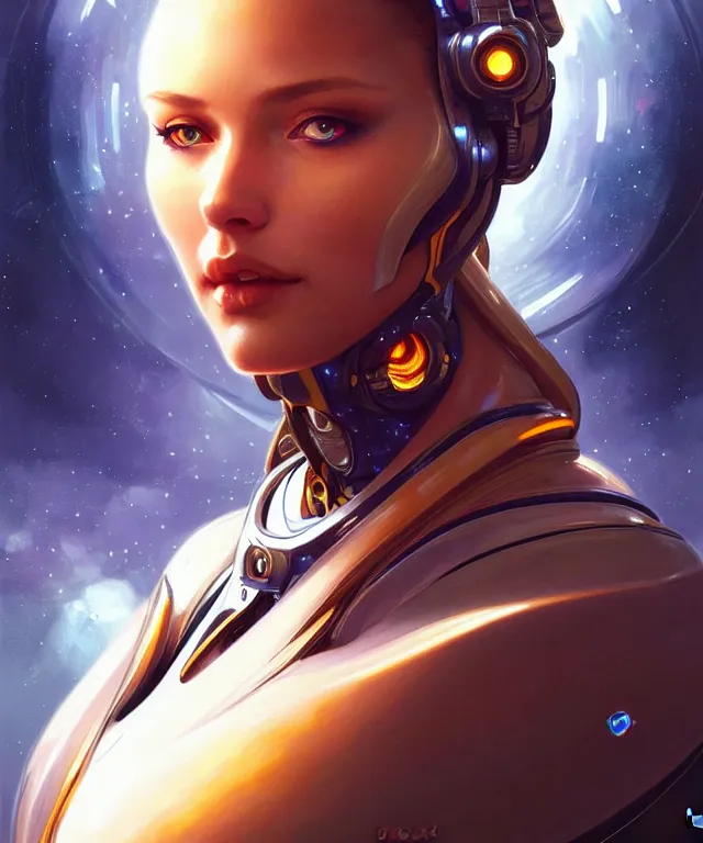 Image similar to futuristic spacesuit woman big breast portrait, sci-fi, amber eyes, face, long hair, fantasy, intricate, elegant, highly detailed, digital painting, artstation, concept art, smooth, sharp focus, illustration, art by artgerm and greg rutkowski and alphonse mucha