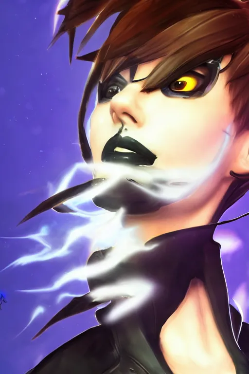 Image similar to digital drawing of tracer from overwatch in a goth style, wearing black lipstick and black eyeliner, 4 k, artstation, beautiful artwork, volumetric lighting, extremely detailed, neutral expression, focus on face, fog,