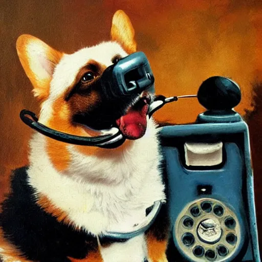 Image similar to corgi dog with a old telephone in his ear by paul lehr and bruce penningtonn