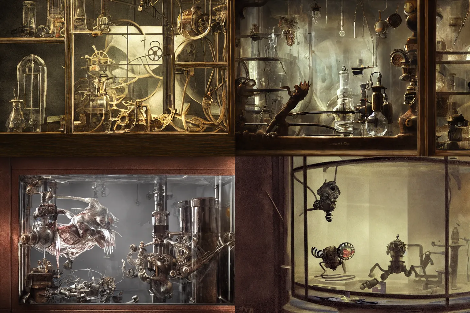 Prompt: a dark steampunk laboratory interior close up view of a strange creature inside a display case in the afternoon with dusty atmosphere with only by one window, painting 3D by Liu Mai Shen Jian