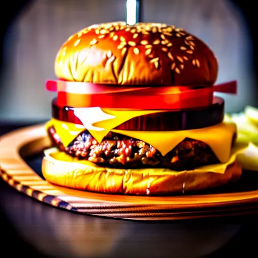 Prompt: The ultimate double cheeseburger, on a hand carved cherrywood plate. Perfect photography.