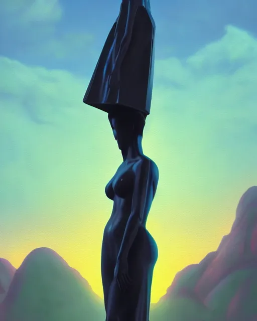 Image similar to a painting of a woman standing in front of a statue, a screenshot by stanley twardowicz, cgsociety, aestheticism, aesthetic, vaporwave, anime aesthetic