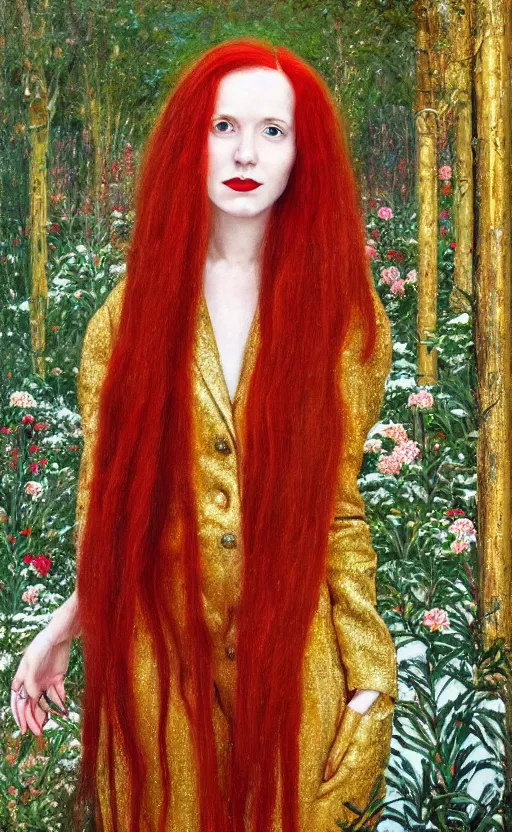 Image similar to portrait of a woman with long red hair, very beautiful style, the girl standing, in a gold suit, photorealism, against a winter garden, vanya comoretti,