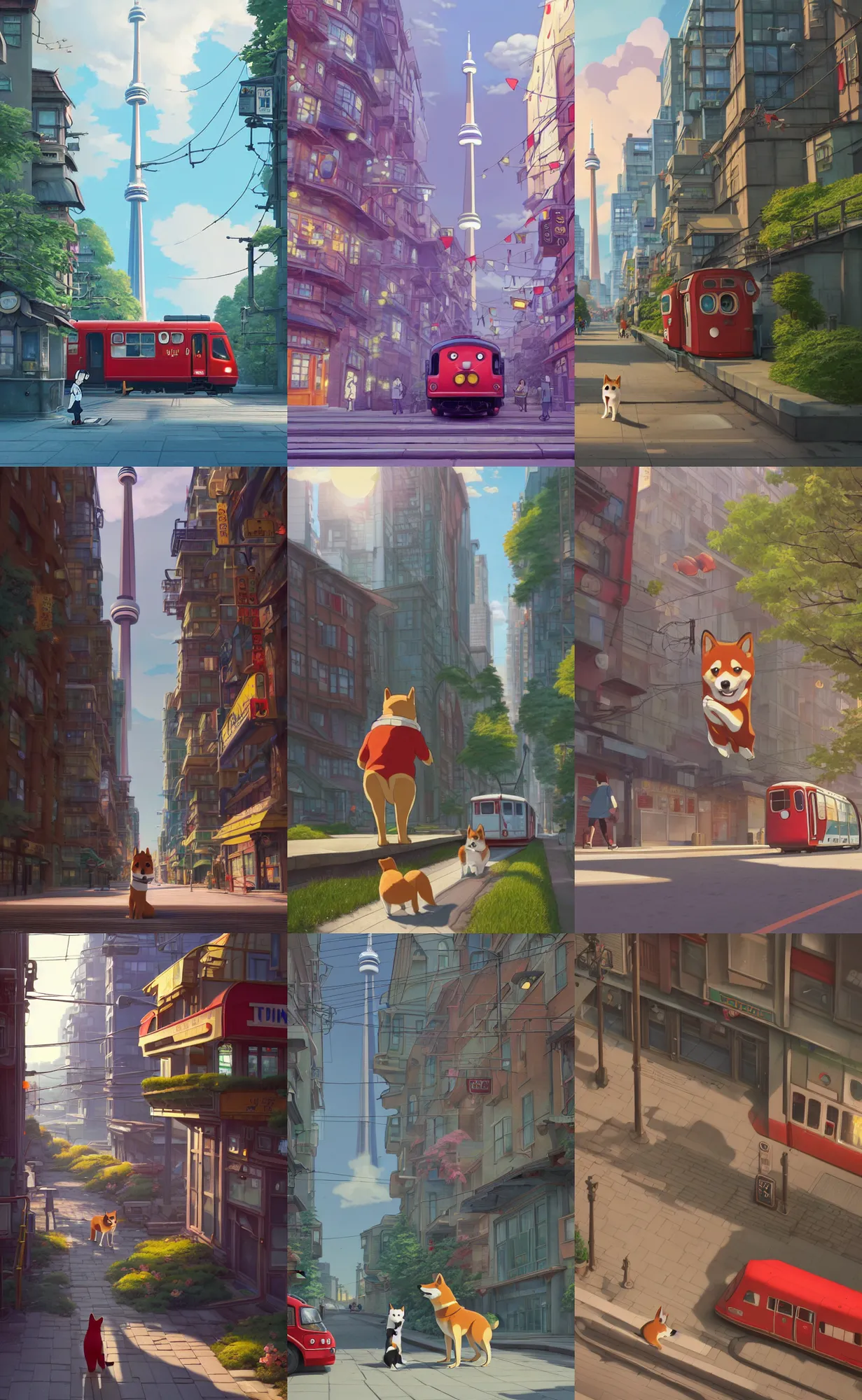 Prompt: a wholesome illustration of a cartoon shiba inu wandering the streets of toronto, red TTC train, cn tower, studio Ghibli, Pixar and Disney animation, sharp, Rendered in Redshift and Unreal Engine 5 by Greg Rutkowski, Bloom, dramatic lighting