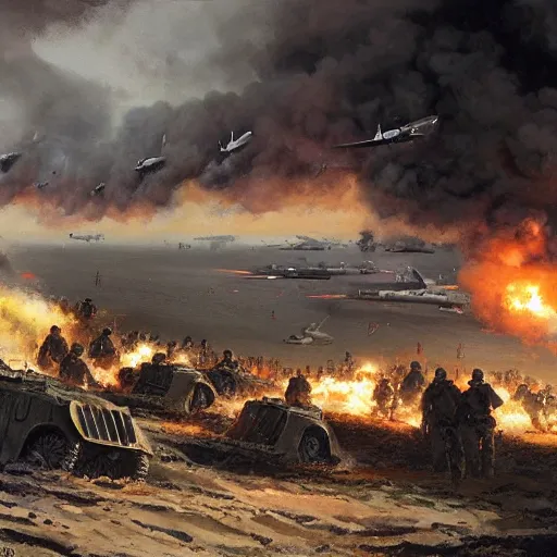 Image similar to all of the soldiers landing at france in 1 9 4 4 d - day and they're all fighting the germans in the background there is a huge explosion in a couple of german bunkers by greg rutkowski