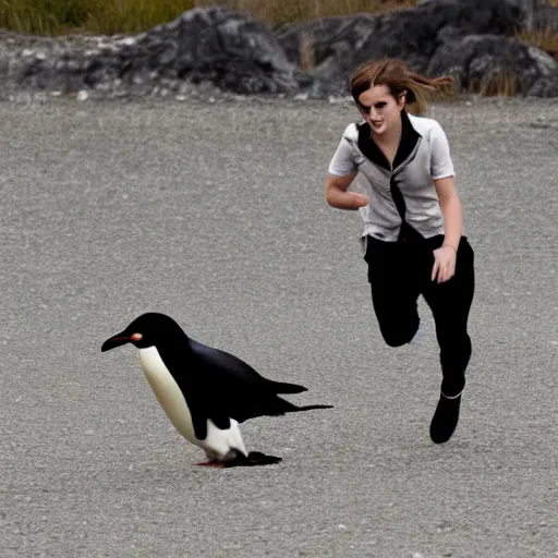 Prompt: a photograph of emma watson chasing a penguin