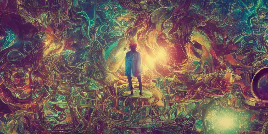 Image similar to a trippy photo of a single lonely person going through different interentangled timelines, hoping to one day get out of this space, Rococo , 4k resolution, detailed, trending on artstation