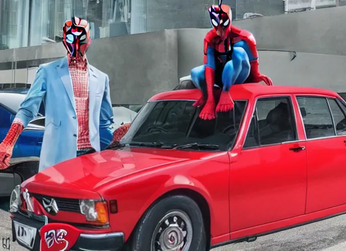 Prompt: spiderman stand next to opel sedan