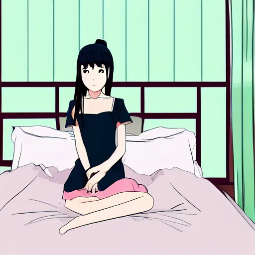 Prompt: cute asian girl sitting on bed, in the style of anime