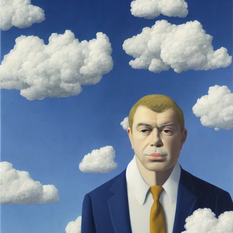 Image similar to portrait of a man made out of clouds in a suit, by rene magritte, detailed painting, hd, hq, high resolution, high detail, 4 k, 8 k