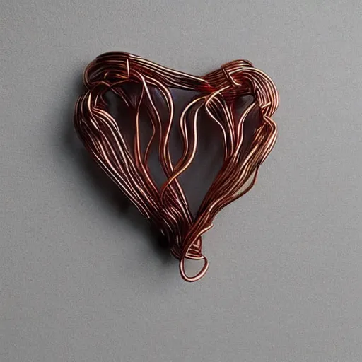 Image similar to a very beautiful tiny ( ( ( ( human heart ) ) ) )!!!!!!!!!!!!!!!!!!!!!!!!! organic sculpture made of copper wire and threaded pipes, very intricate, curved. studio lighting, high resolution, high quality, black background