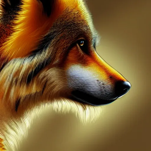 Prompt: professional digital art of a side profile of a tibetan wolf, tan and brown fur, fluffy, autumn, hd, 8 k, highly detailed, high quality, cute