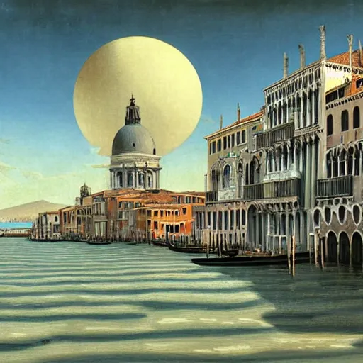 Image similar to Venice in 2075, futuristic, matte painting by Giorgio de Chirico and David A. Hardy
